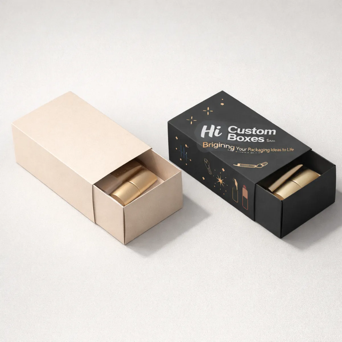 Two sliding drawer-style boxes in beige and black, containing gold highlighter tubes on a light background. class=